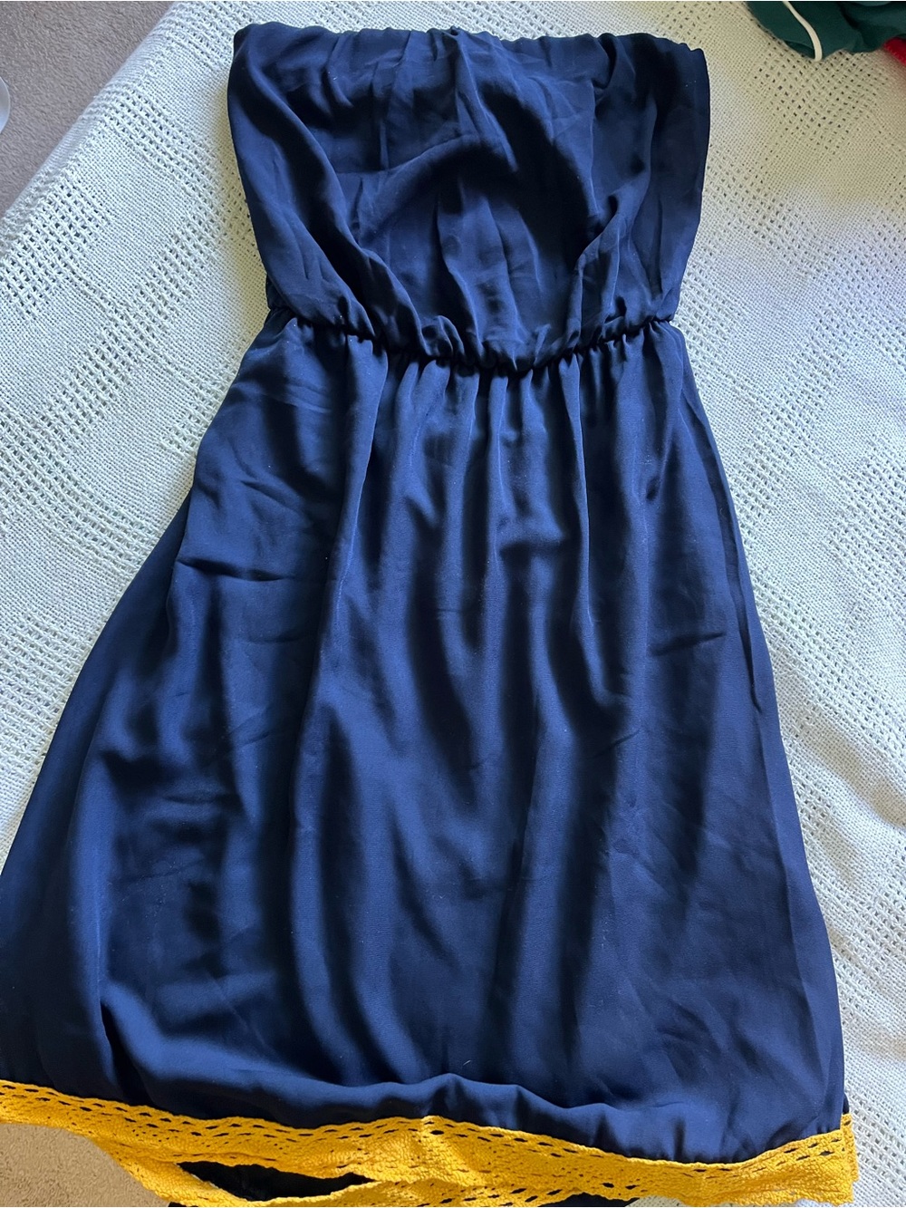 Strapless Navy Minidress with Yellow Crochet Hem and Handkerchief Back